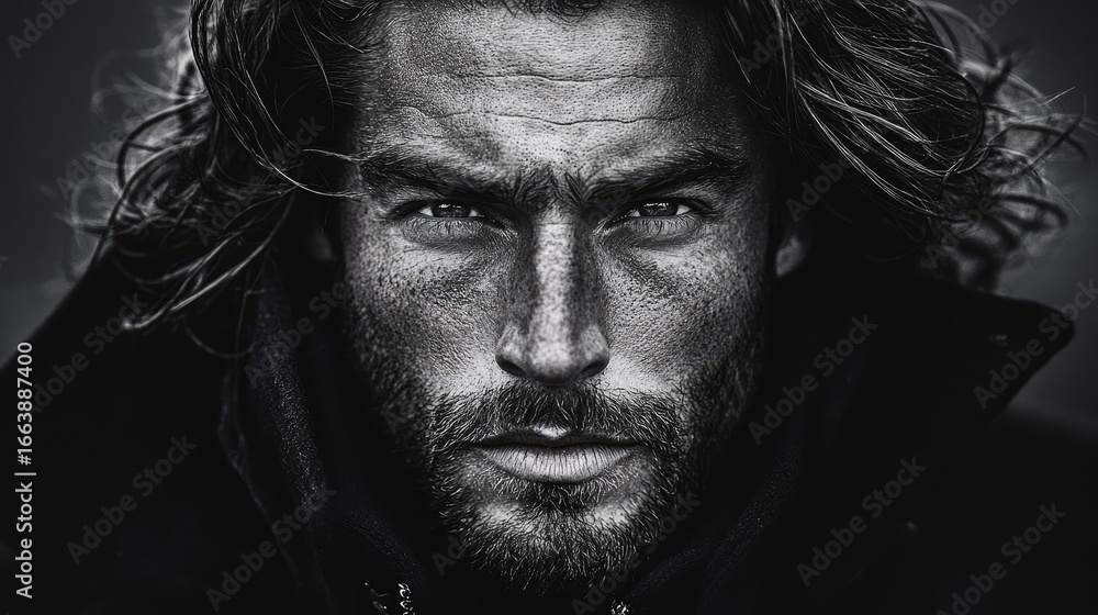 Fototapeta premium A close-up black and white portrait of a man with a determined gaze.