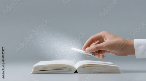 hand flipping through paper journal reveals digital notes projected above it