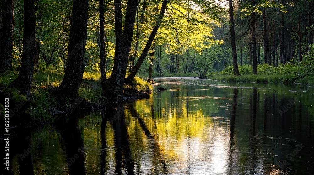 Obraz premium Tranquil river winding through a lush forest at dawn.