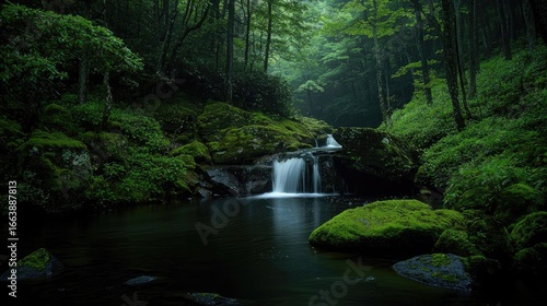 A tranquil waterfall cascading into a mossy forest stream.
