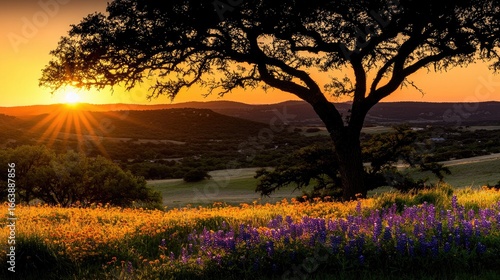 A breathtaking sunrise over a Texas hill country landscape filled with wildflowers.