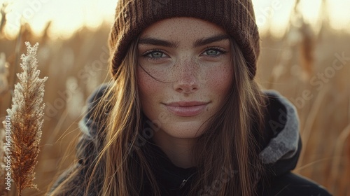 A young woman with freckles and a warm brown beanie outdoors in a field of tall grasses.