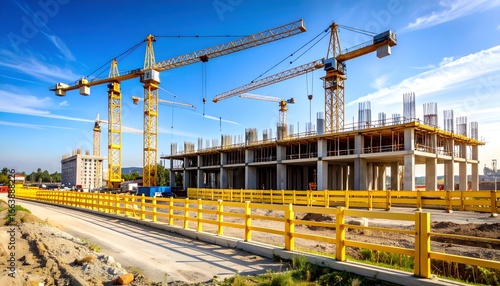 Wide-angle view of a construction site with yellow safety barriers