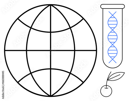 Globe with test tube showing DNA strand and a cherry with a leaf. Ideal for innovation, biotechnology, sustainability, farming, globalization, research, education. Simple flat metaphor
