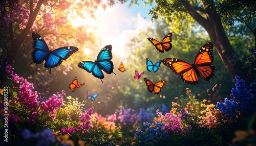 Vibrant butterflies flit amongst a profusion of colorful flowers in a sunlit garden, creating a joyful and serene scene.