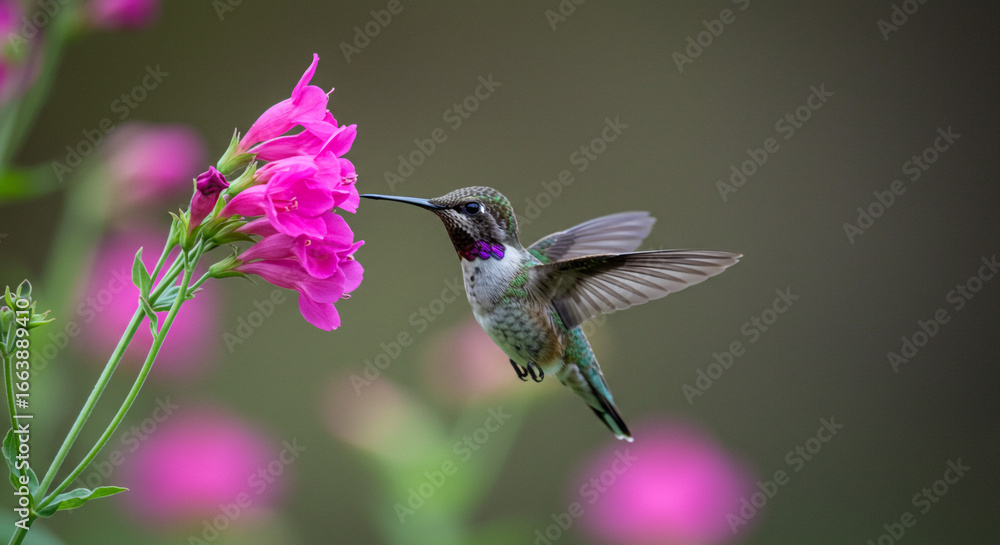 Naklejka premium A hummingbird feeding on bright pink flowers with wings spread and blurred background in soft focus