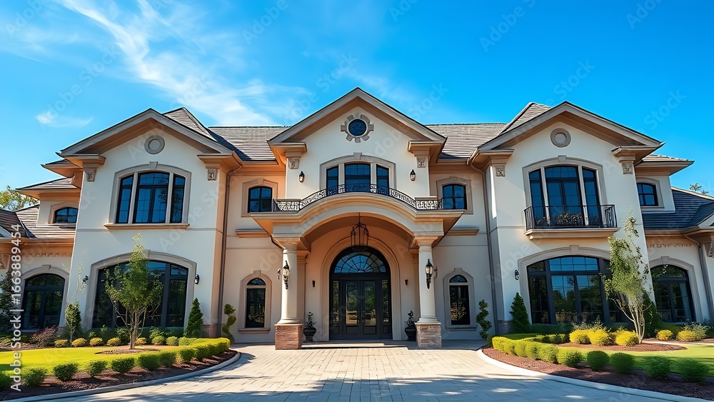 Fototapeta premium Elegant residence entrance with architectural details under a clear blue sky, exuding luxury.