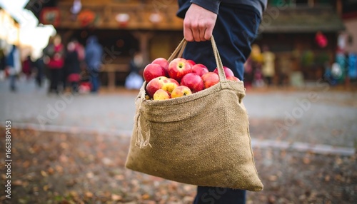 Fototapeta Naklejka Na Ścianę i Meble -  A person carries a burlap sack full of red and yellow apples outdoors on a fall day.