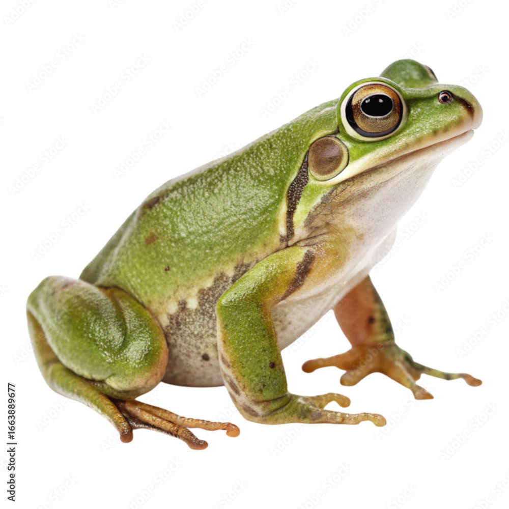 Fototapeta premium A green frog with big eyes sitting on a black background in a studio setting looking to the right created with generative ai