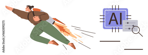 Person with a rocket backpack propelling forward toward an AI chip with circuit patterns and a magnifying glass. Ideal for innovation, AI progress, technology growth, exploration, future trends