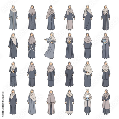 Various Muslim women in different modest garments, depicted in various poses and carrying everyday objects.