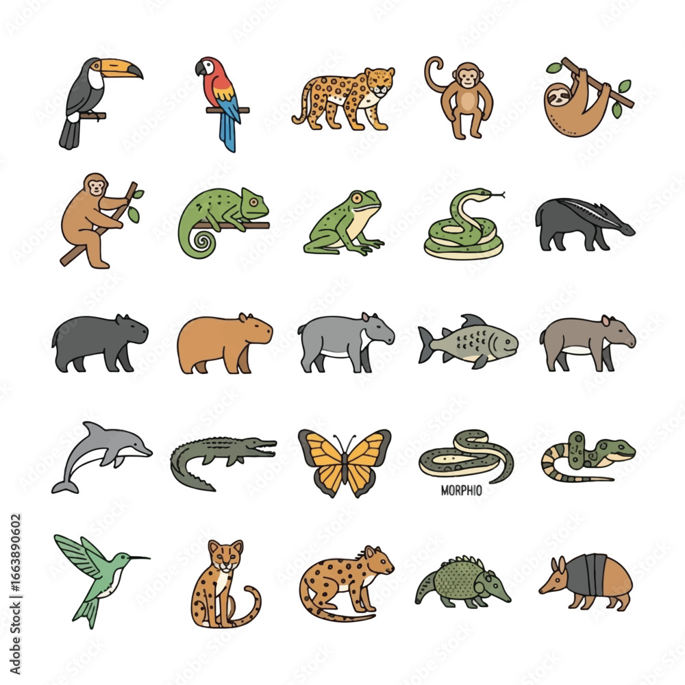 Obraz premium Collection of various colorful line art illustrations of South American animals.