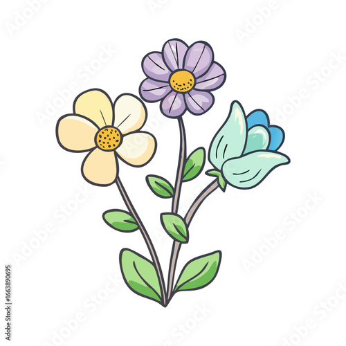 Wallpaper Mural A charming cartoon drawing of three flowers in varying colors on a stem Torontodigital.ca