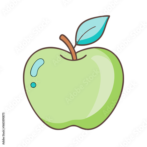 Bright and cheerful green apple with a light blue leaf illustration