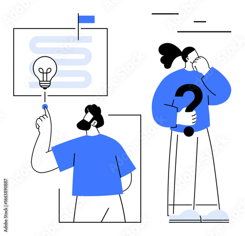 Man pointing at a glowing lightbulb while another person contemplates a question mark. Ideal for innovation, creativity, teamwork, strategy, problem-solving, decision-making, simple landing page