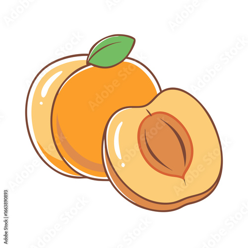 Ripe peaches with leaf and a half peach cut to show seed