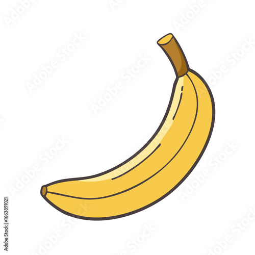 Cartoon style illustration of a bright yellow banana on a white background