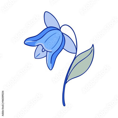 Stylized cartoon illustration of a blue bellflower with one green leaf