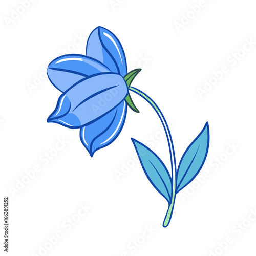 Illustration of a single beautiful bluebell flower with stem and leaves