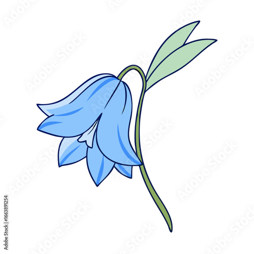 Beautiful illustration of a bluebell flower with leaves on a white background