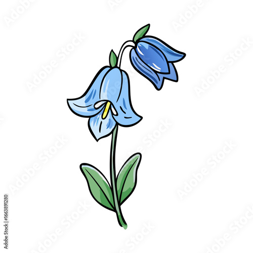 Illustration of two drooping bluebell flowers with leaves, in a cartoon style