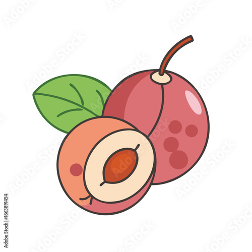 Two colorful cartoon peaches one whole one sliced with a leaf on white
