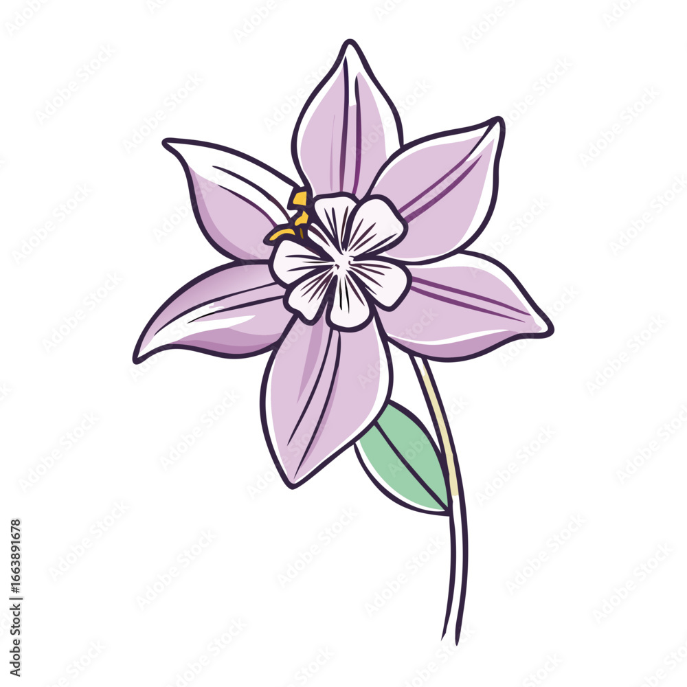 Naklejka premium Elegant and Simple Lilac Colored Flower with Dark Purple Outlines and One Leaf