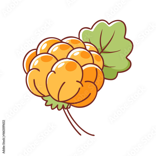 A cartoon illustration of cloudberries with a leaf on a white background