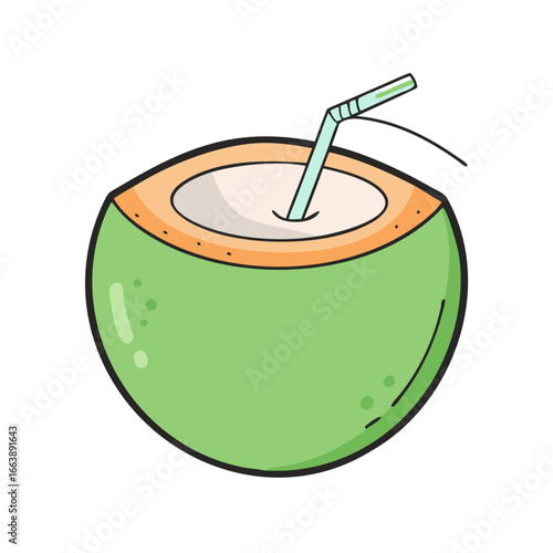 Refreshing green coconut with a straw, perfect for a tropical getaway drink