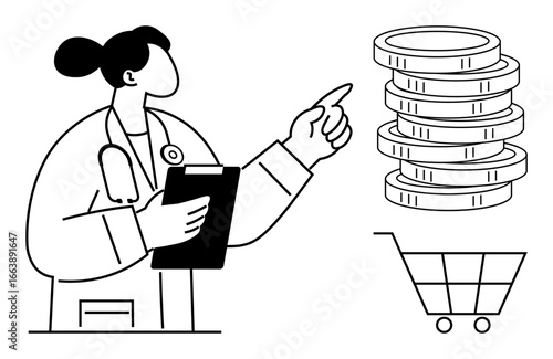 Female doctor pointing towards stacked coins and shopping cart, highlighting financial decisions in healthcare. Ideal for budgeting, cost management, medical consultation, e-commerce in healthcare