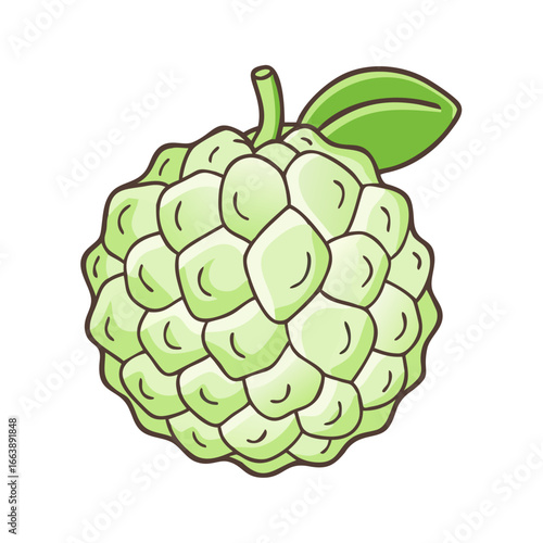 Cartoon Illustration of a Custard Apple with Green Peel and Leaf