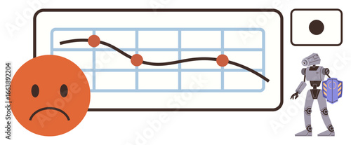 Sad face beside a descending line graph with plotted points, accompanied by a robot holding a data file. Ideal for technology, analytics, business insights, AI impact, performance review