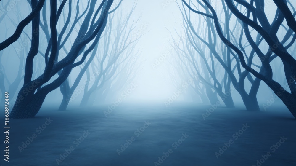 Obraz premium spooky forest path with twisted trees and ghostly silhouettes, volumetric fog, 8k photoreal render