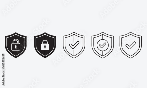 Security and verification shield icon set with lock and check mark symbols. Vector graphic elements for web interface and app design