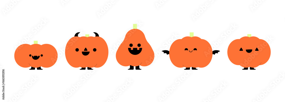 Naklejka premium Cute Halloween pumpkins with happy funny face expressions. Traditional fall squash. Kids flat vector illustration isolated on white background