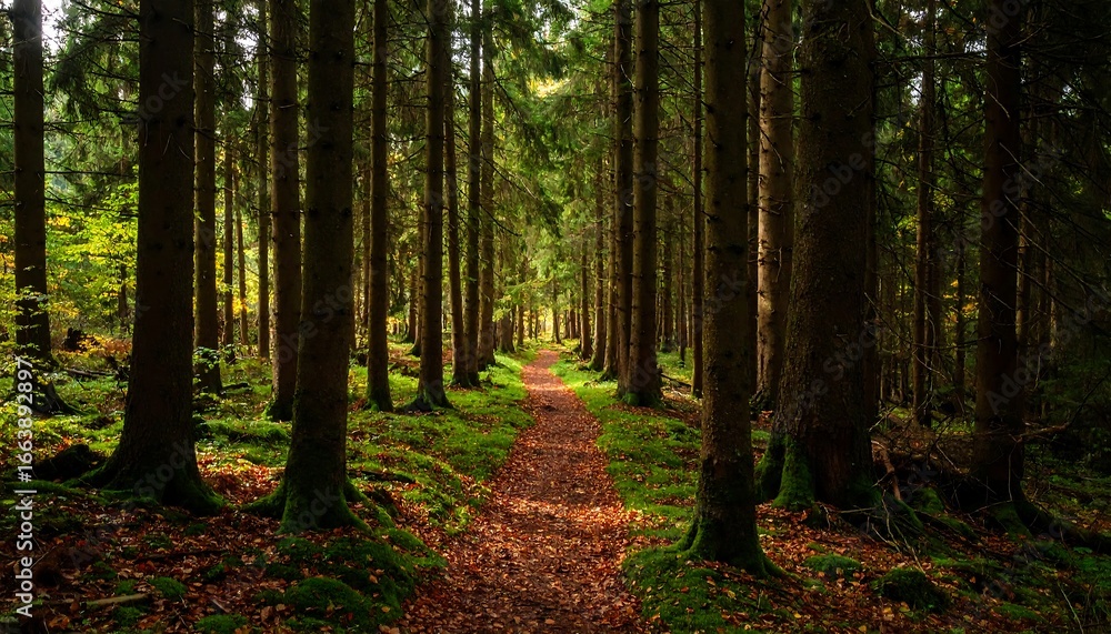 Obraz premium Forest path through tall trees