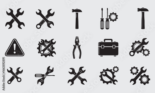 A collection of black silhouette tool icons representing repair, maintenance, and technical settings for web or print design