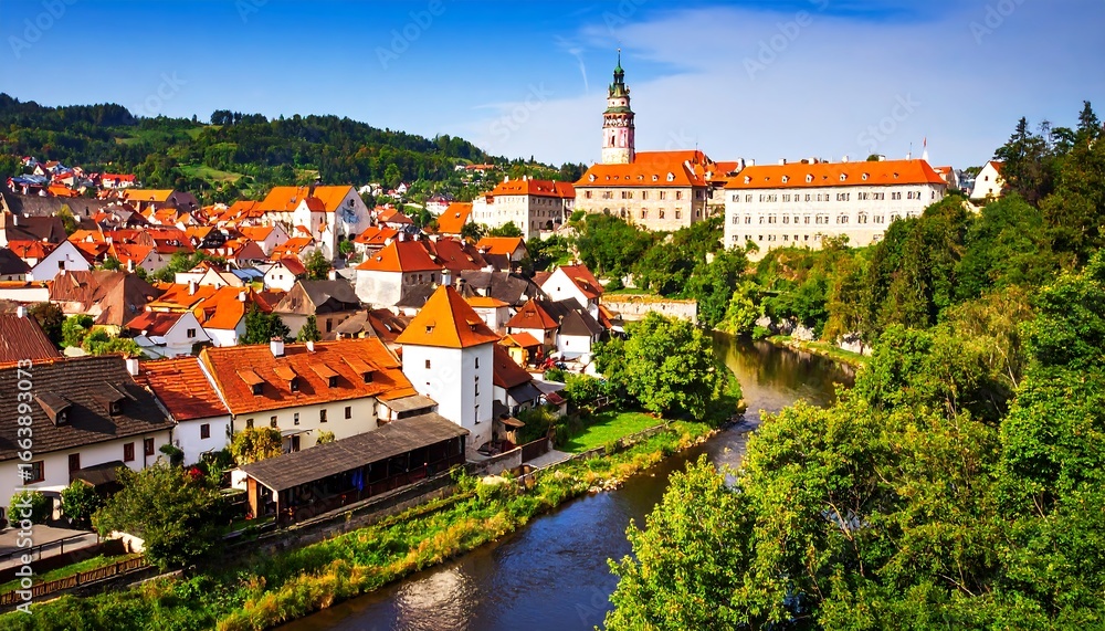 Obraz premium Picturesque European Town with Medieval Castle and Winding River.