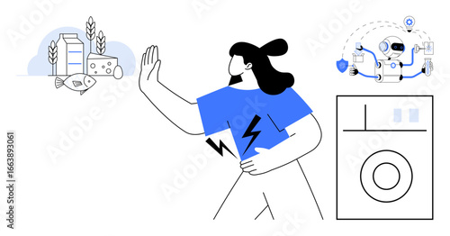 Woman with hand raised rejecting allergens including food, automation, and appliances. Ideal for allergy awareness, health concerns, technology impact, food safety, modern living, self-care simple