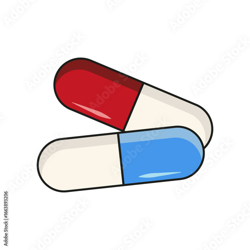 Illustration of contraceptive capsules with a distinctive design in red and blue on a white background