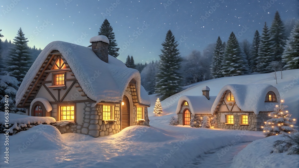 Fototapeta premium Snowy village scene with illuminated cottages and christmas trees under a starry night sky landscape