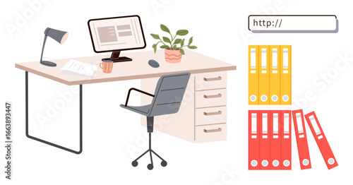 Workplace desk setup with computer, lamp, documents, plant, and office chair. File folders in rows highlight organization. Ideal for productivity, office, management data workspace planning