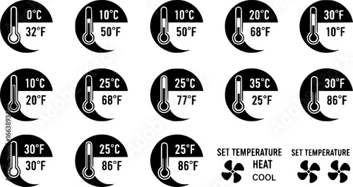Thermostat ui icons set. Set of simple black round icons showing different temperatures in celsius and fahrenheit, ideal for representing temperature control in various contexts