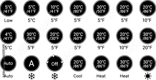Thermostat ui icons set. Set of simple black round icons showing different temperatures in celsius and fahrenheit, ideal for representing temperature control in various contexts