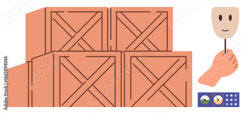 Stacked wooden crates symbolizing storage and logistics, a hand holding a mask symbolizing deception, sincerity, or identity, alongside a timer. Ideal for business, ethics, logistics, management