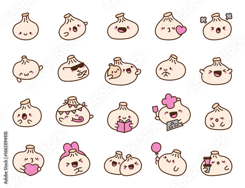 Khinkali georgian dumpling character set with charming emotions including smiling, hugging, reading, cooking, celebrating, and enjoying various traditional meal moments for design projects