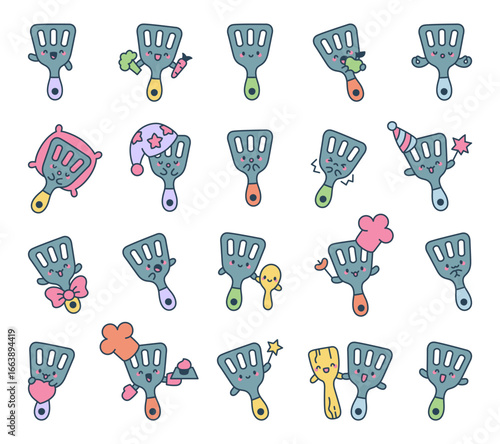 Spatula character set in kawaii cartoon style showing cooking moments, celebrations, relaxation, friendship, and kitchen activities with delightful utensil designs for your creative projects
