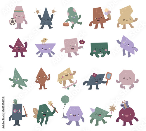 Figure character in scandinavian style with featuring different shapes holding balloon, flower, ice cream, magic wand, dancing for creative holiday projects and cheerful compositions