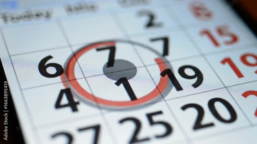 Digital calendar close-up, with the number 7 circled in red. Other dates are visible with black and red text. The image is focused on a particular day