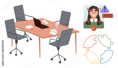 Office table with chairs, laptop, documents, and glass. AI-detected deepfake warning on womans face with video icon. Four colorful puzzle pieces. Ideal for teamwork, fraud detection, workplace